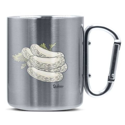 Die Elemente Weißwurscht Edelstahl Kaffeetasse silberer Karabiner 320ml Grosser Traithen Front
