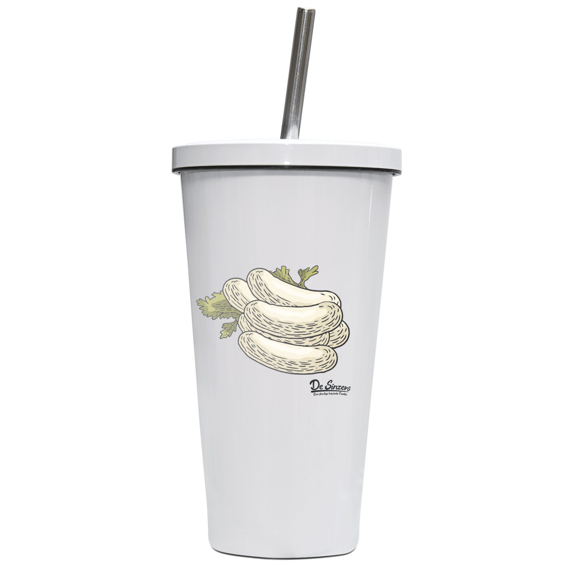 Die Elemente Weisswurscht Edelstahl Trinkbecher mit Strohhalm 480ml Weiss Krottenkopf Front