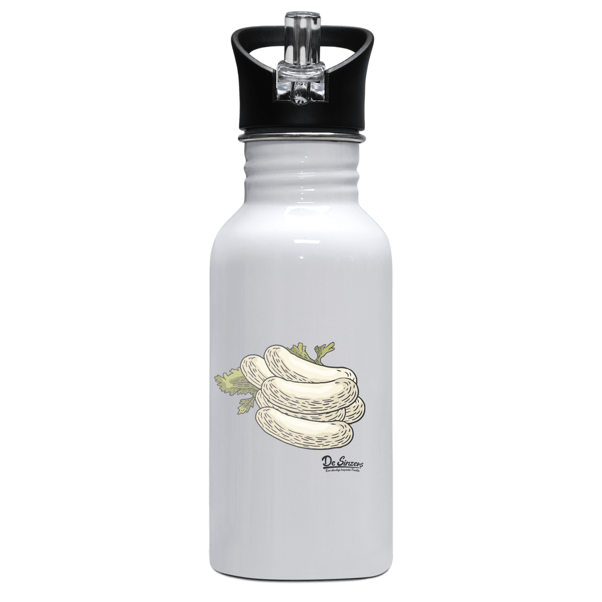 Die Elemente Weißwurscht Edelstahl Trinkflasche mit klappbarem Mundstueck 500ml Weiss Rotwand Front