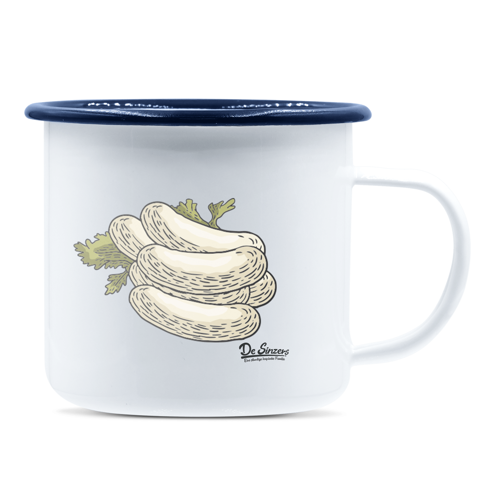 Die Elemente Weißwurscht Emaille Tasse 375ml Weiss Blau Heuberg Front