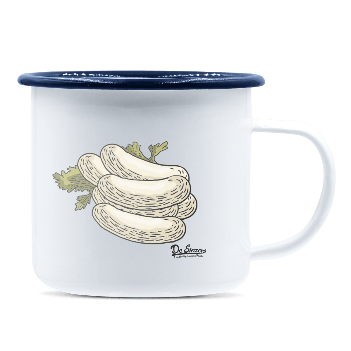 Die Elemente Weißwurscht Emaille Tasse 375ml Weiss Blau Heuberg Front