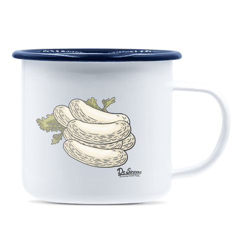 Die Elemente Weißwurscht Emaille Tasse 375ml Weiss Blau Heuberg Front