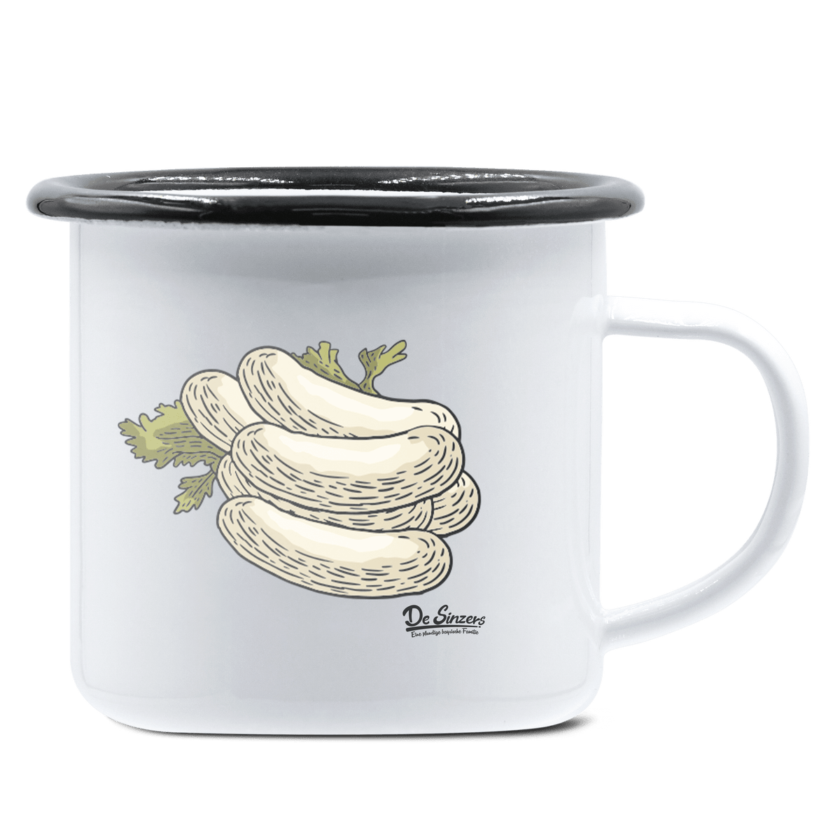 Die Elemente Weißwurscht Emaille Tasse 375ml Weiss Schwarz Hochries Front