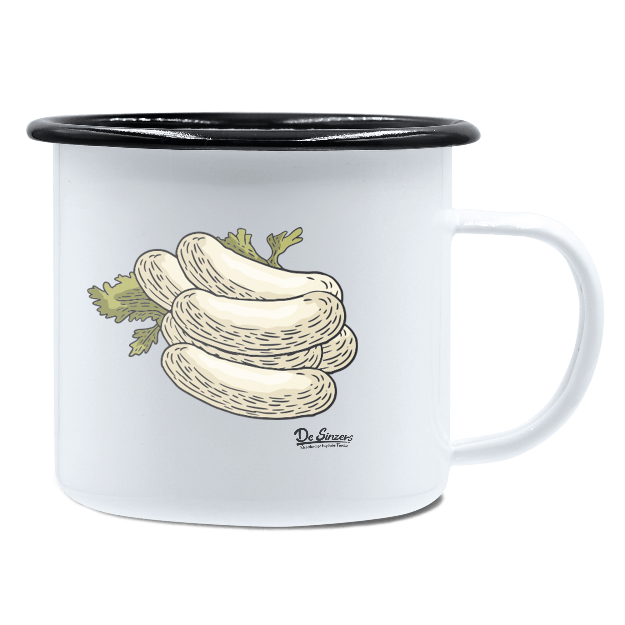 Die Elemente Weißwurscht Emaille Tasse 450ml Weiss Schwarz Spitzstein Front