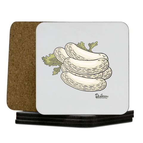 Die Elemente Weißwurscht Korkuntersetzer 5er Set 95 x 95 mm Weiss Karkopf Front