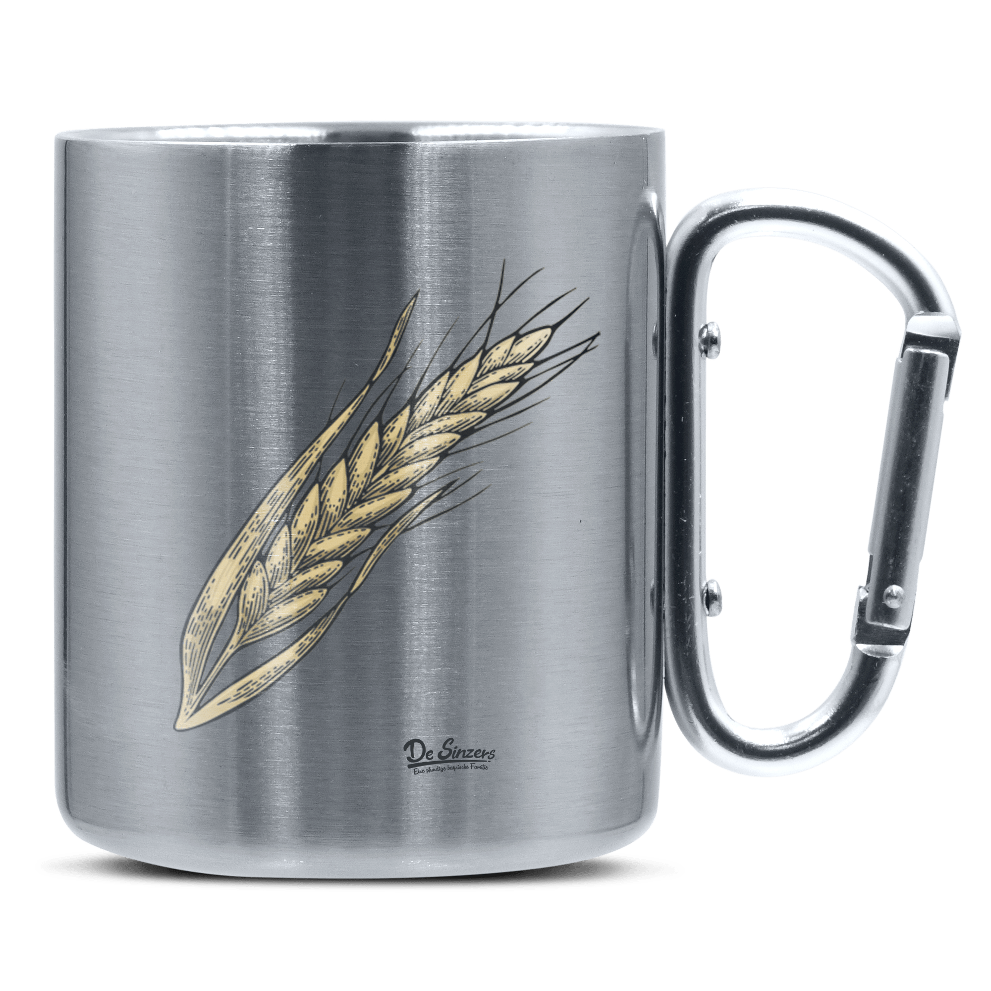Die Elemente Weizen Edelstahl Kaffeetasse silberer Karabiner 320ml Grosser Traithen Front