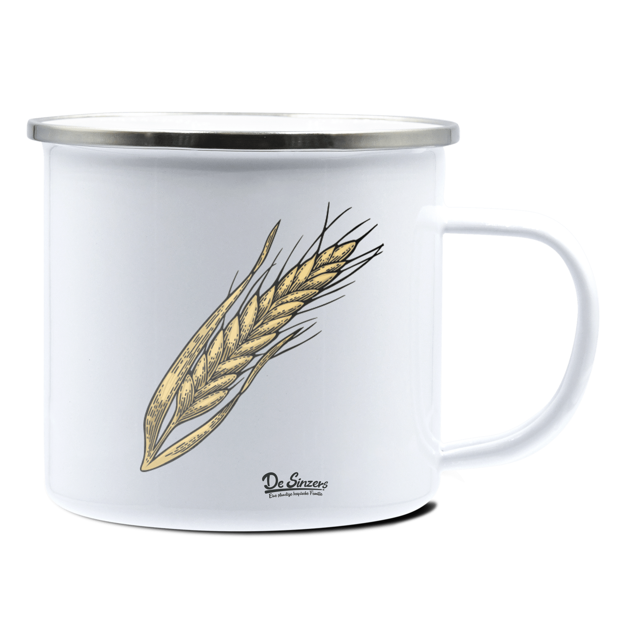 Die Elemente Weizen Emaille Tasse 375ml Weiss Silber Kampenwand Front