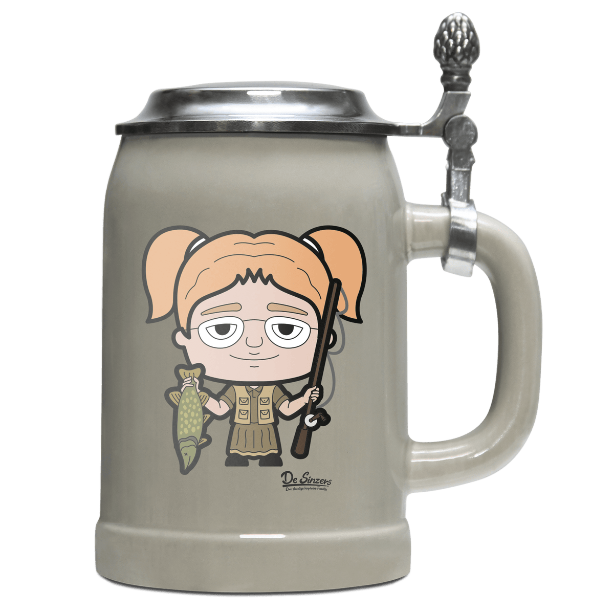 Die Jung Sinzerin Angler Bierkrug 500ml Grau mit Deckel Hocheck Front