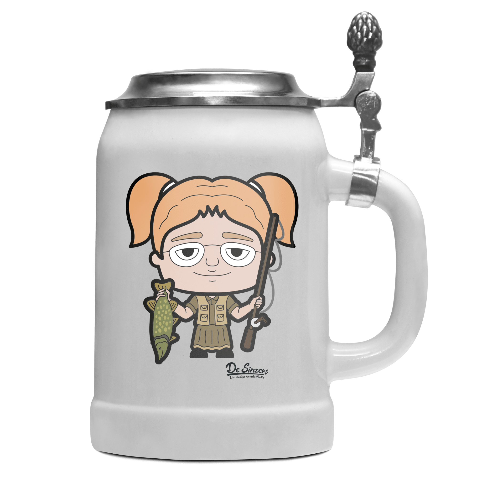 Die Jung Sinzerin Angler Bierkrug 500ml Weiss mit Deckel Wetterspitzen Front