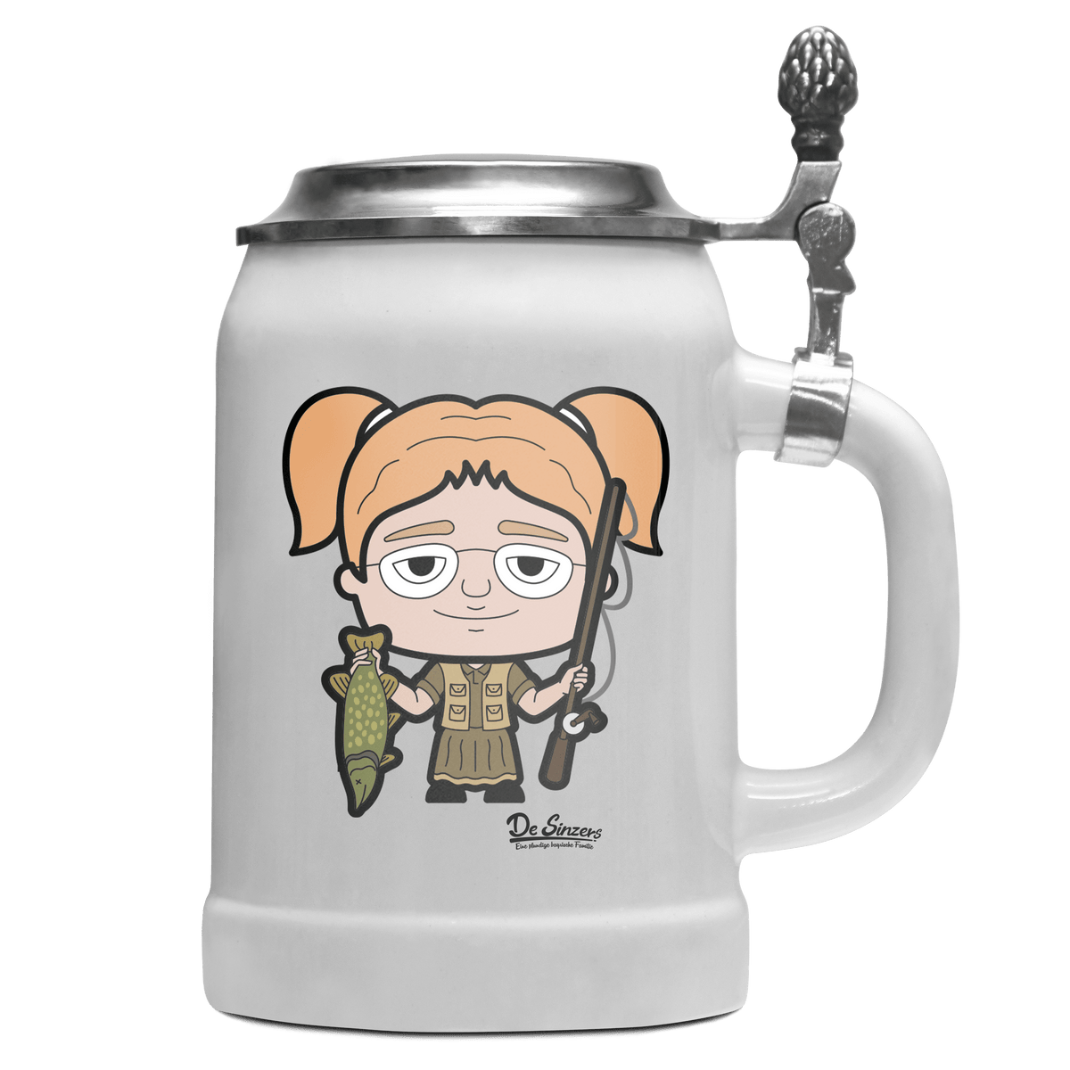 Die Jung Sinzerin Angler Bierkrug 500ml Weiss mit Deckel Wetterspitzen Front