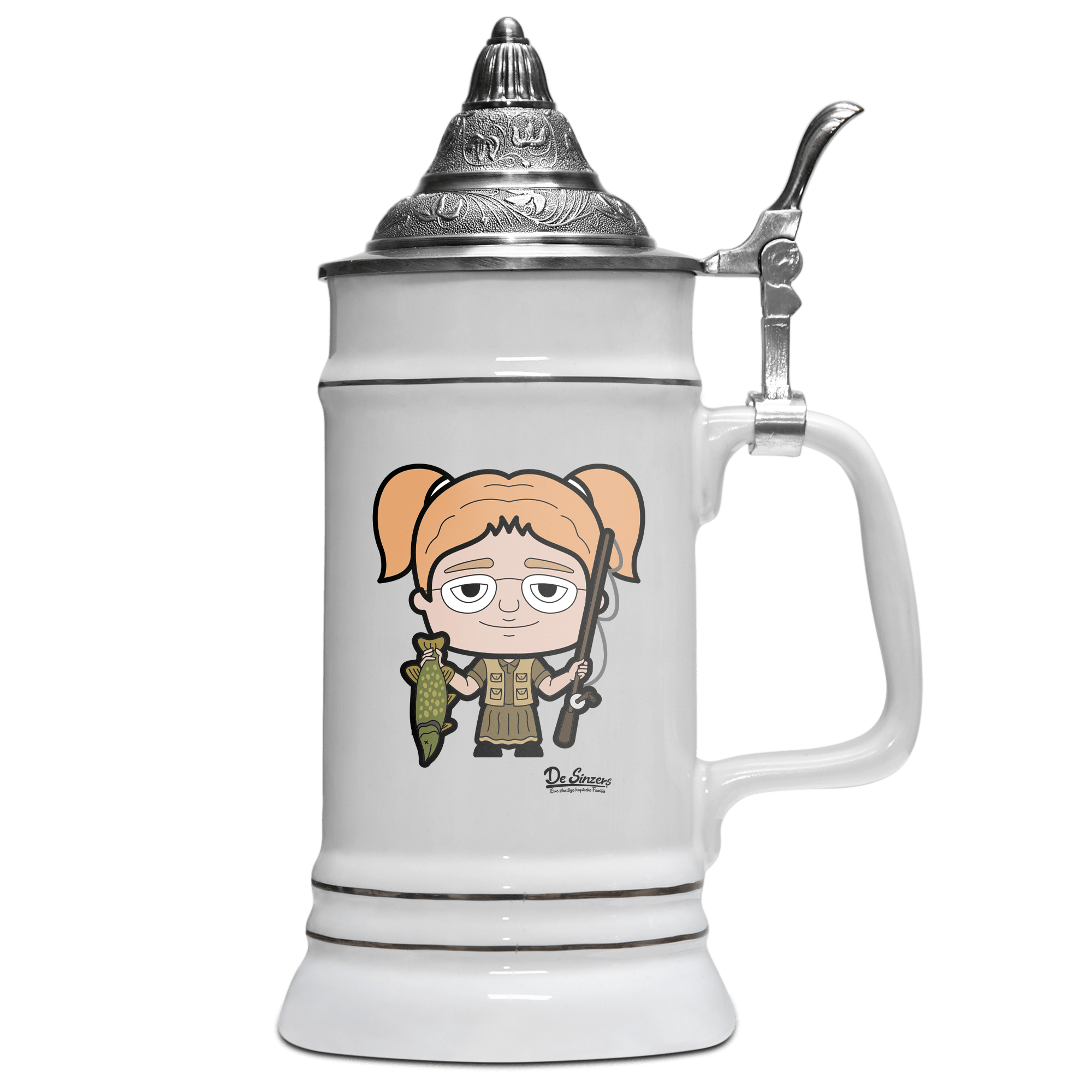 Die Jung Sinzerin Angler Bierkrug 500ml Weiss mit Spitzdeckel Wendelstein Front