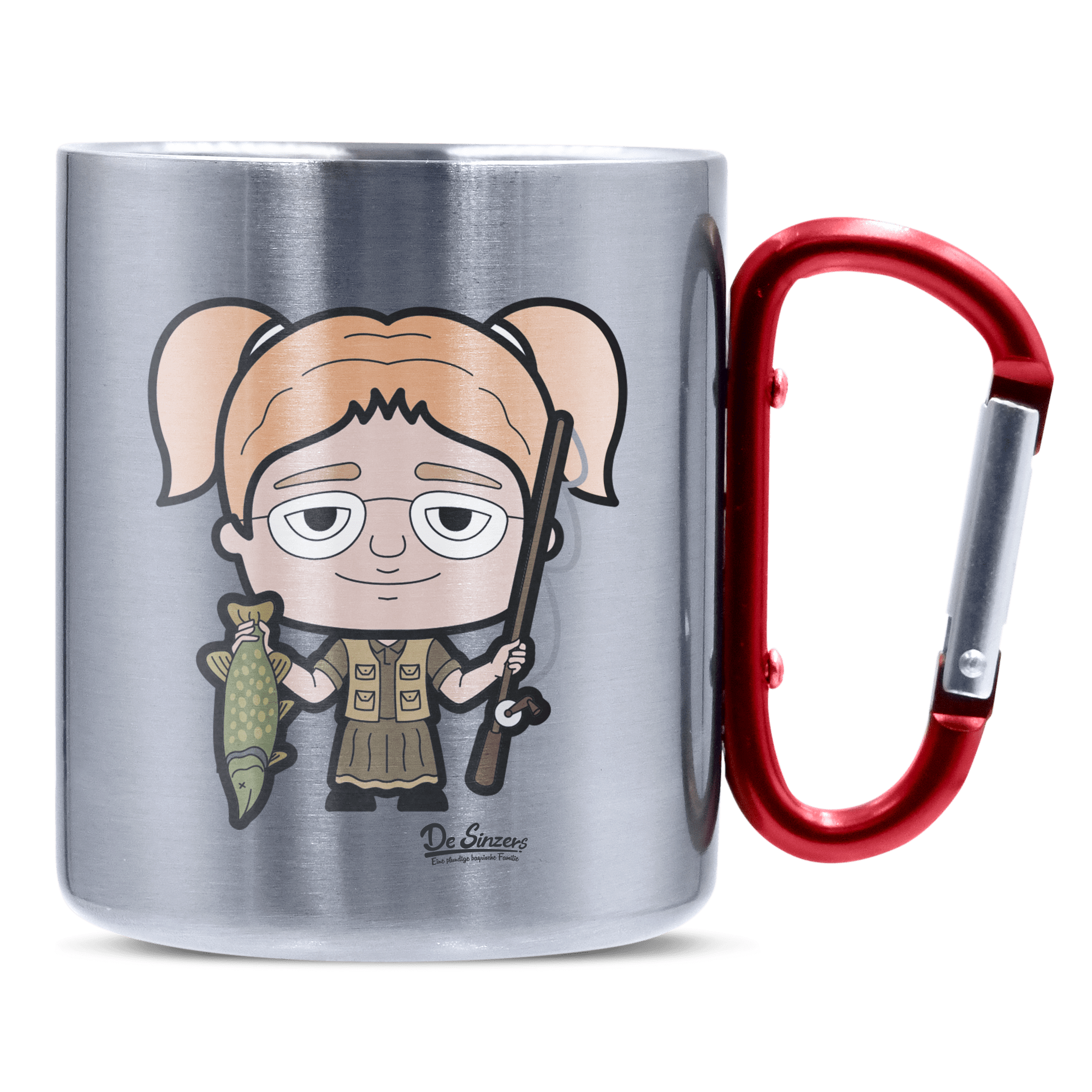 Die Jung Sinzerin Angler Edelstahl Kaffeetasse roter Karabiner 320ml Kitzstein Front