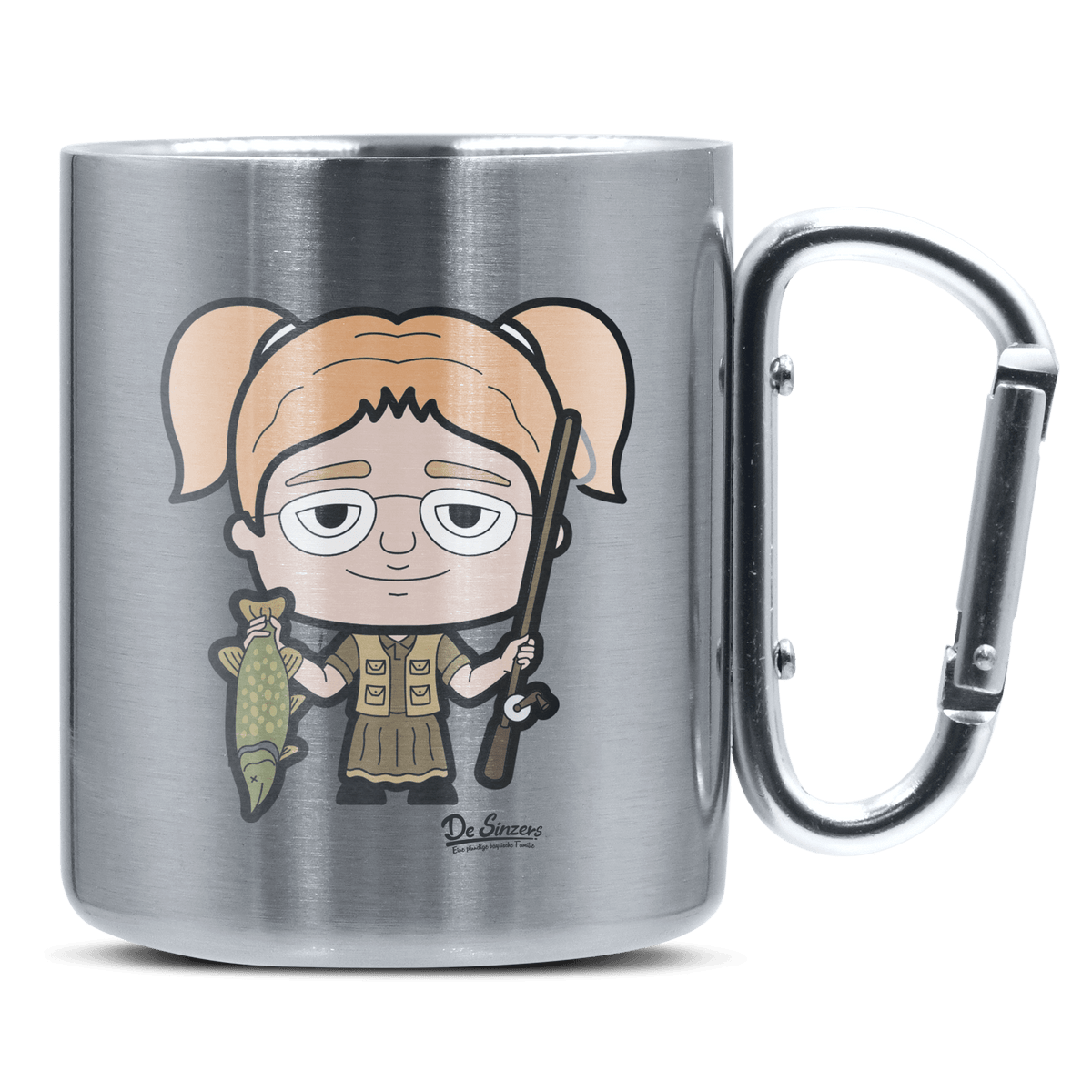 Die Jung Sinzerin Angler Edelstahl Kaffeetasse silberer Karabiner 320ml Grosser Traithen Front