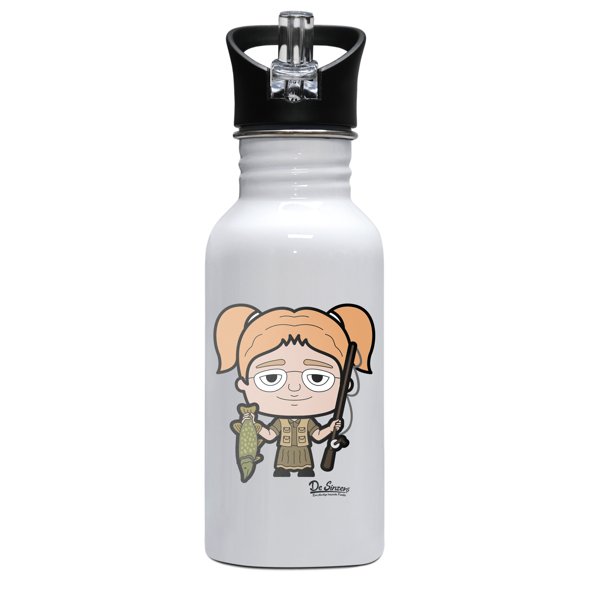 Die Jung Sinzerin Angler Edelstahl Trinkflasche mit klappbarem Mundstueck 500ml Weiss Rotwand Front