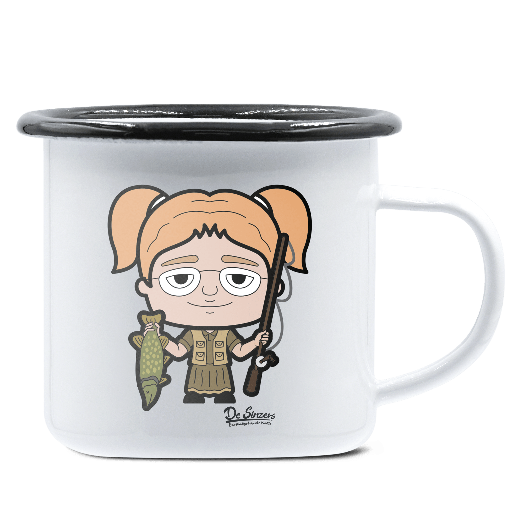 Die Jung Sinzerin Angler Emaille Tasse 375ml Weiss Schwarz Hochries Front