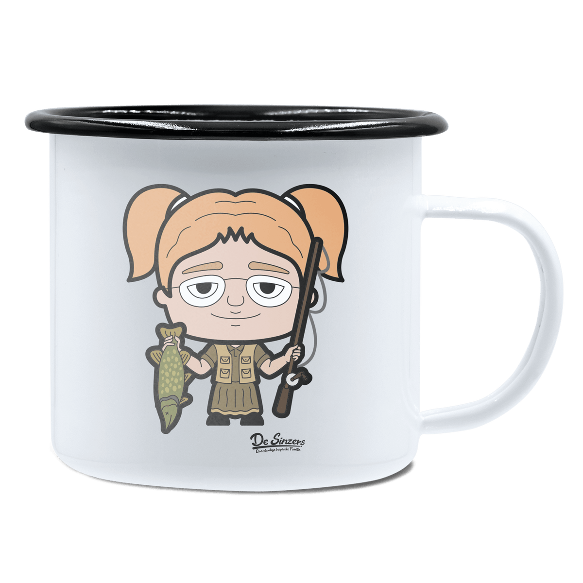 Die Jung Sinzerin Angler Emaille Tasse 450ml Weiss Schwarz Spitzstein Front