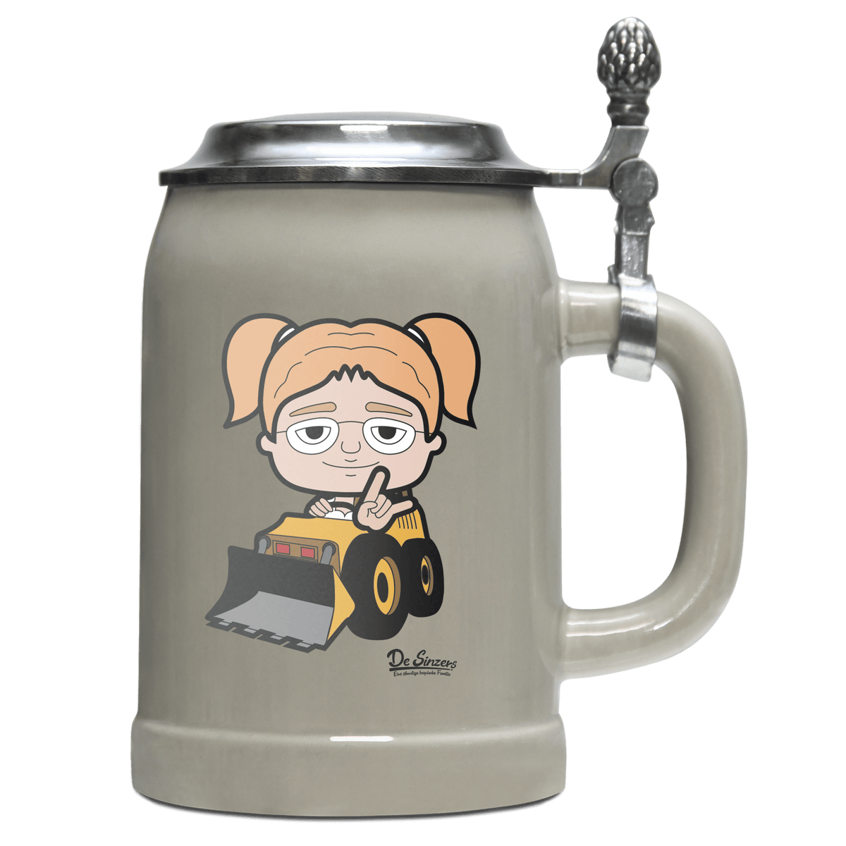 Die Jung Sinzerin Baggerfahrer Bierkrug 500ml Grau mit Deckel Hocheck Front