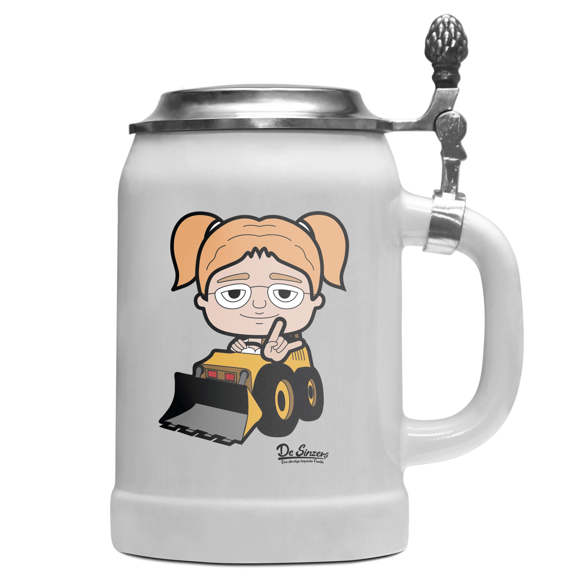 Die Jung Sinzerin Baggerfahrer Bierkrug 500ml Weiss mit Deckel Wetterspitzen Front