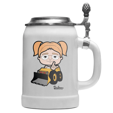 Die Jung Sinzerin Baggerfahrer Bierkrug 500ml Weiss mit Deckel Wetterspitzen Front