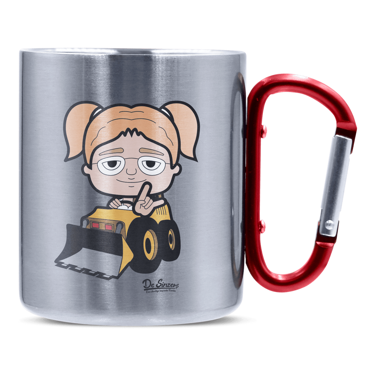 Die Jung Sinzerin Baggerfahrer Edelstahl Kaffeetasse roter Karabiner 320ml Kitzstein Front