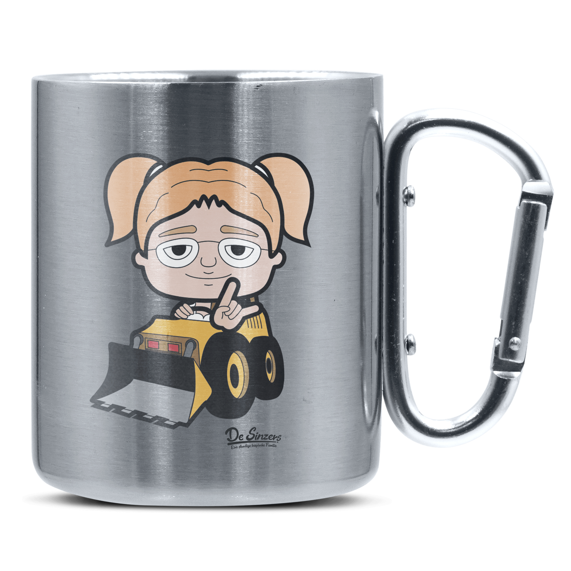 Die Jung Sinzerin Baggerfahrer Edelstahl Kaffeetasse silberer Karabiner 320ml Grosser Traithen Front