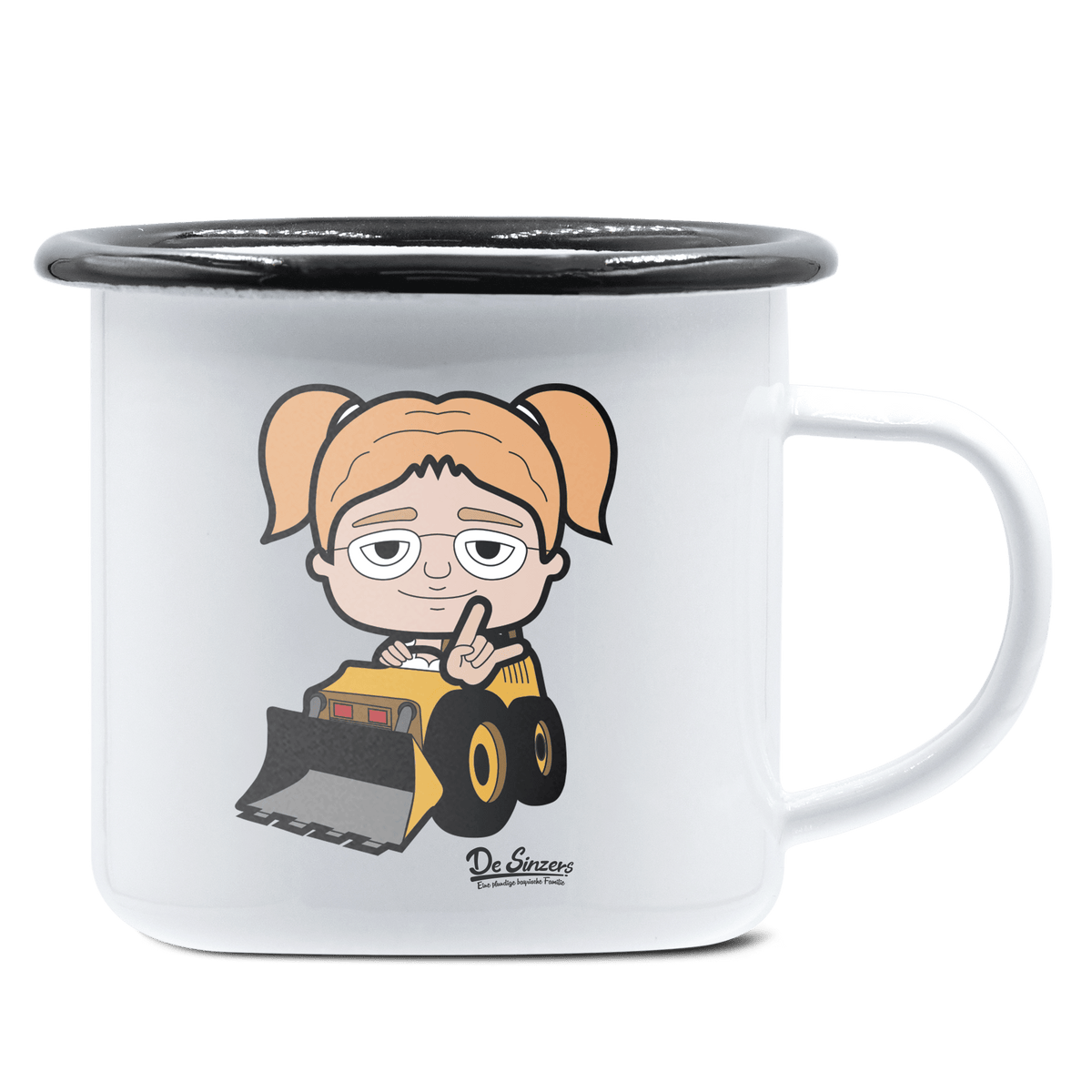 Die Jung Sinzerin Baggerfahrer Emaille Tasse 375ml Weiss Schwarz Hochries Front