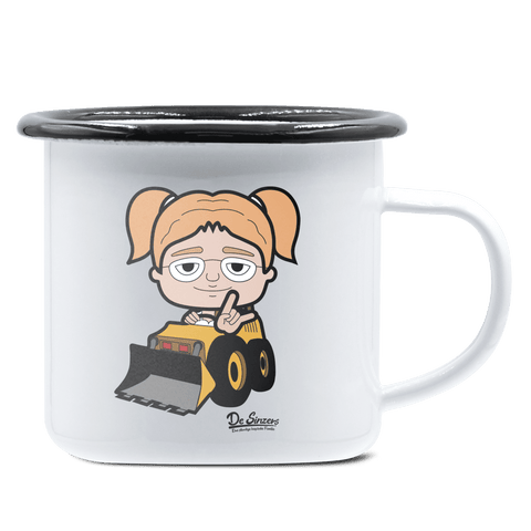 Die Jung Sinzerin Baggerfahrer Emaille Tasse 375ml Weiss Schwarz Hochries Front