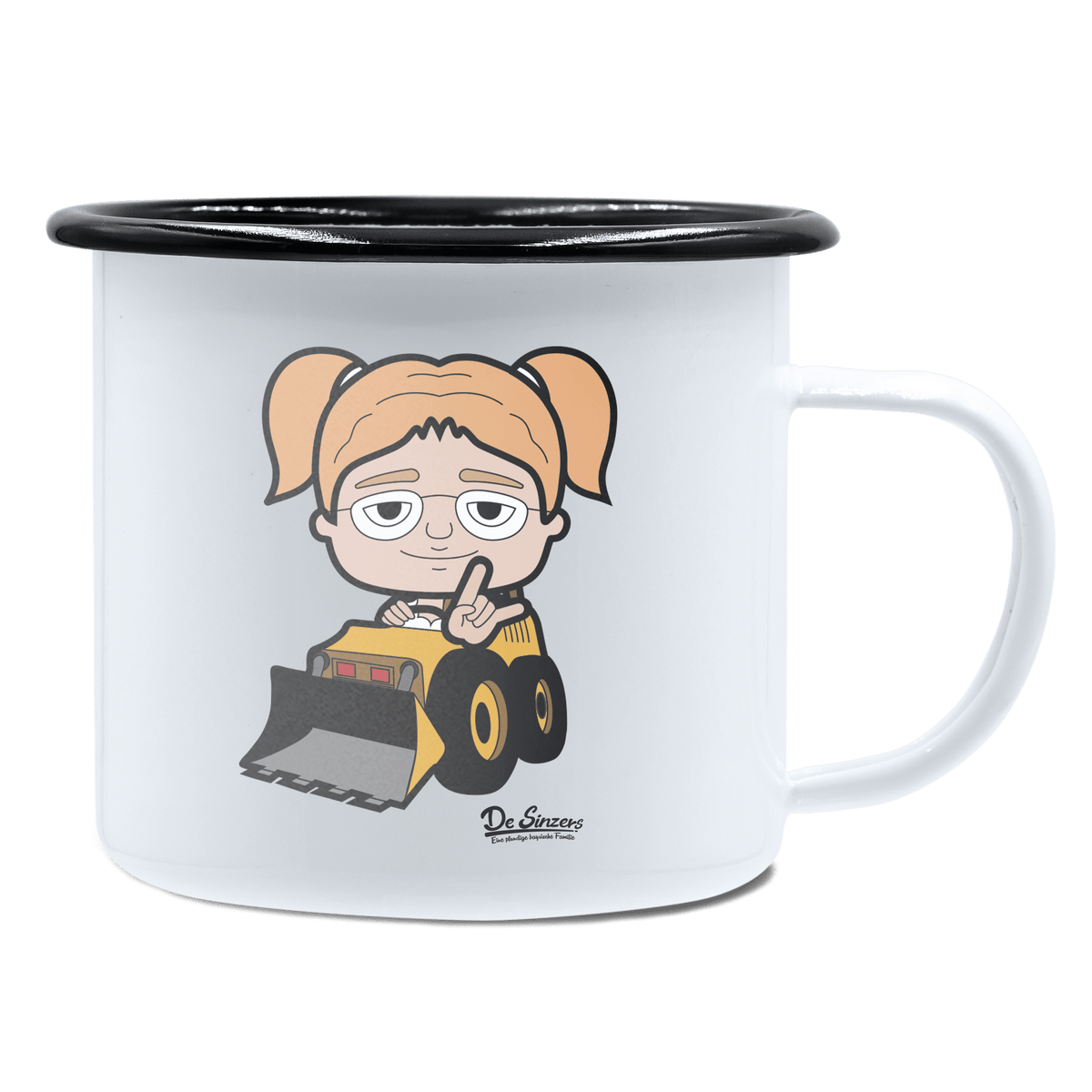 Die Jung Sinzerin Baggerfahrer Emaille Tasse 450ml Weiss Schwarz Spitzstein Front