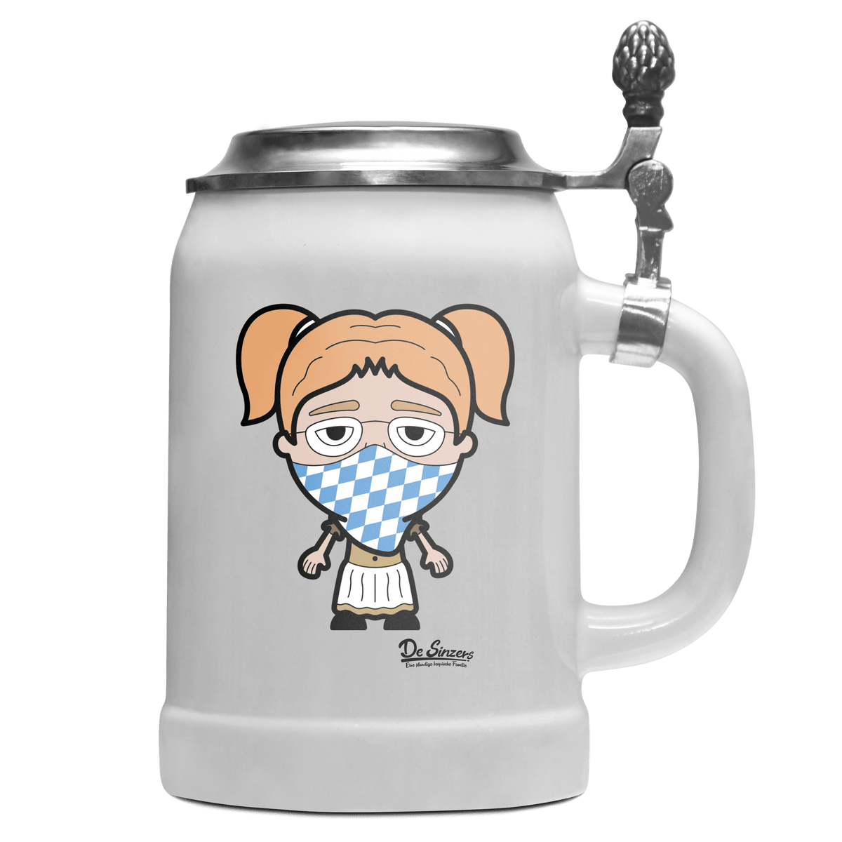 Die Jung Sinzerin Bayrisches Mundtuch Bierkrug 500ml Weiss mit Deckel Wetterspitzen Front
