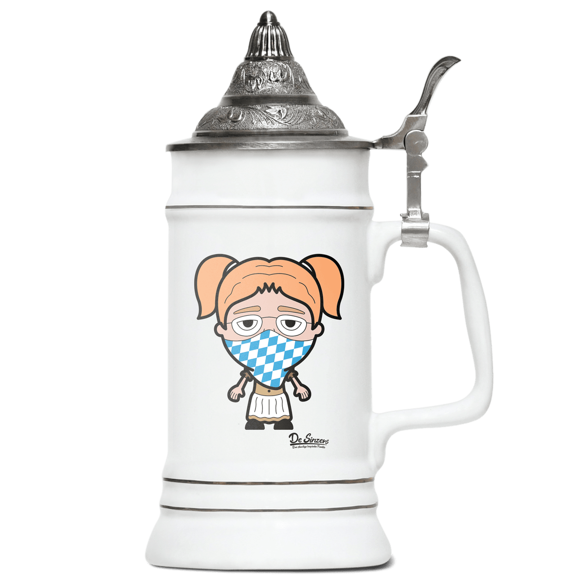 Die Jung Sinzerin Bayrisches Mundtuch Bierkrug 500ml Weiss mit Spitzdeckel Wendelstein Front