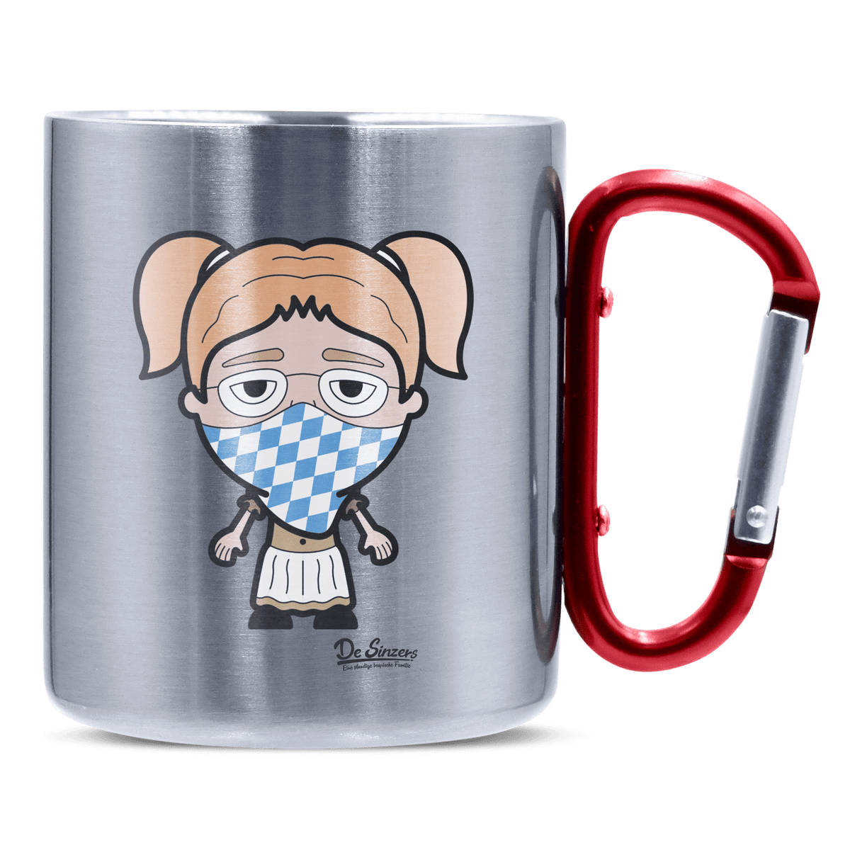 Die Jung Sinzerin Bayrisches Mundtuch Edelstahl Kaffeetasse roter Karabiner 320ml Kitzstein Front