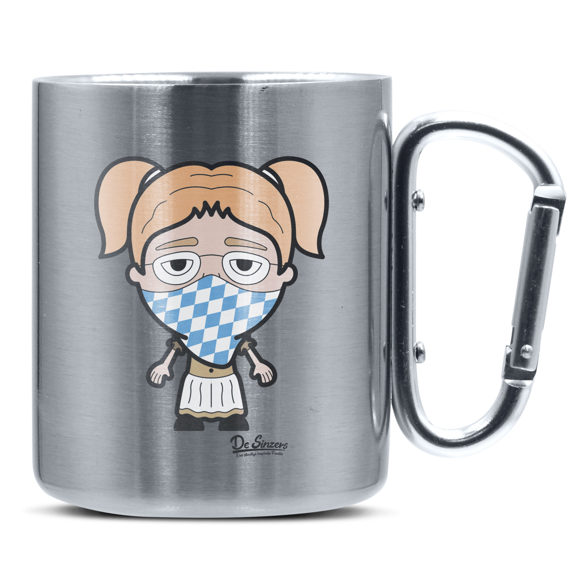 Die Jung Sinzerin Bayrisches Mundtuch Edelstahl Kaffeetasse silberer Karabiner 320ml Grosser Traithen Front