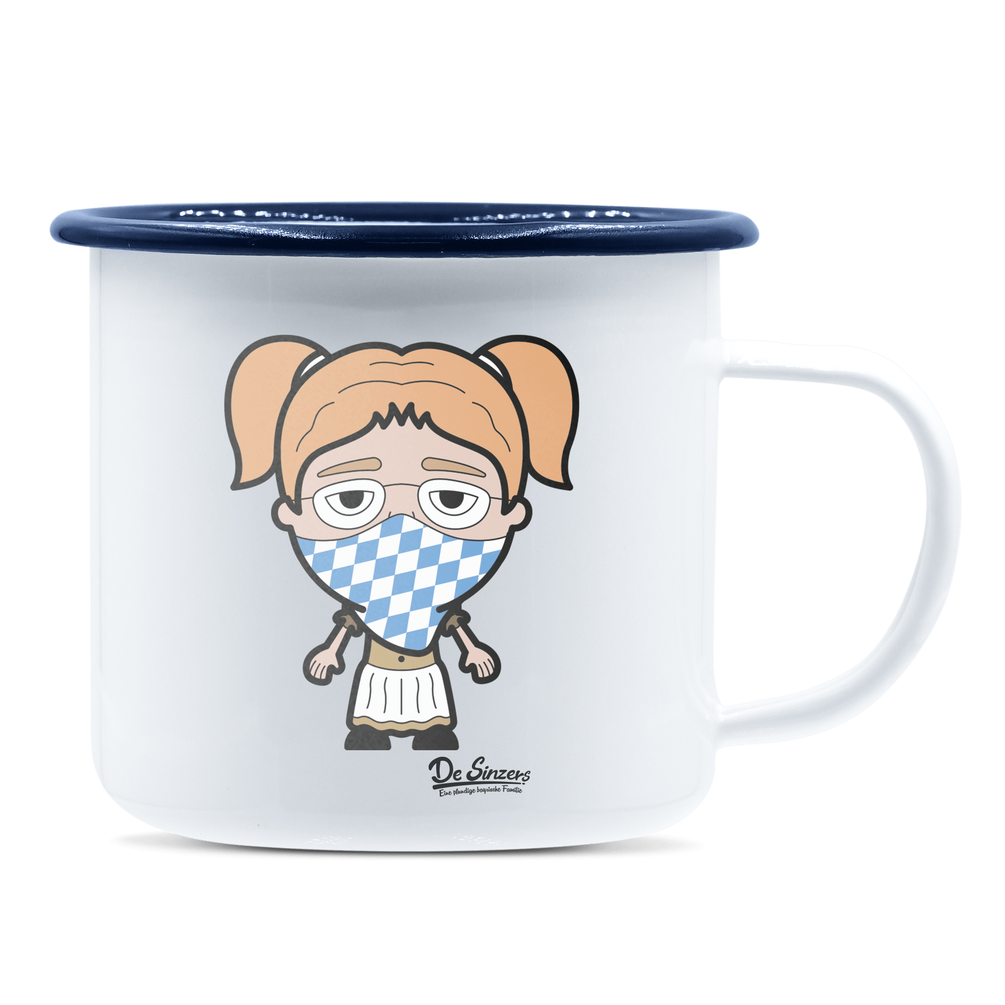 Die Jung Sinzerin Bayrisches Mundtuch Emaille Tasse 375ml Weiss Blau Heuberg Front