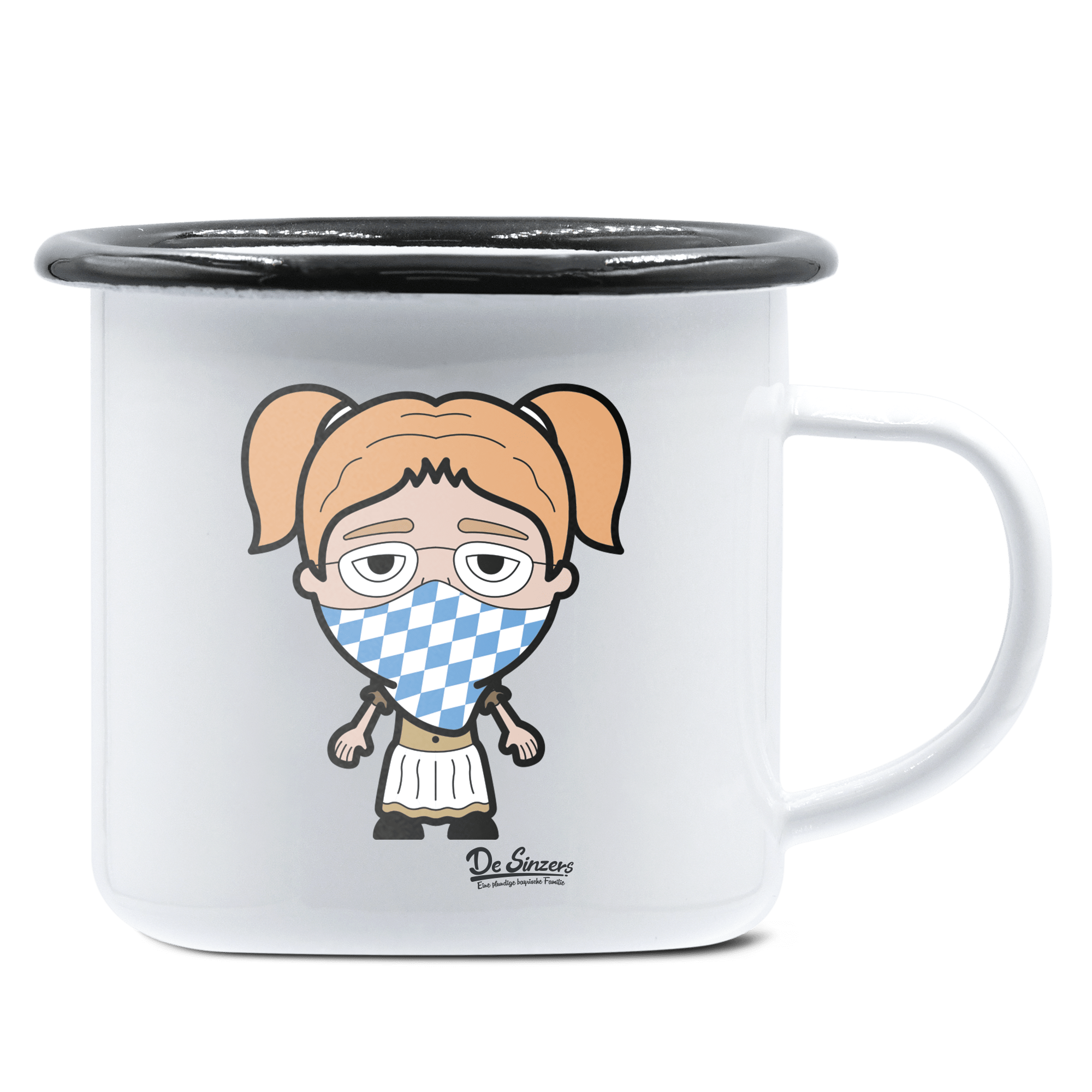 Die Jung Sinzerin Bayrisches Mundtuch Emaille Tasse 375ml Weiss Schwarz Hochries Front 1