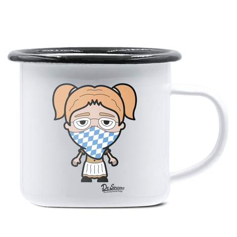 Die Jung Sinzerin Bayrisches Mundtuch Emaille Tasse 375ml Weiss Schwarz Hochries Front 1