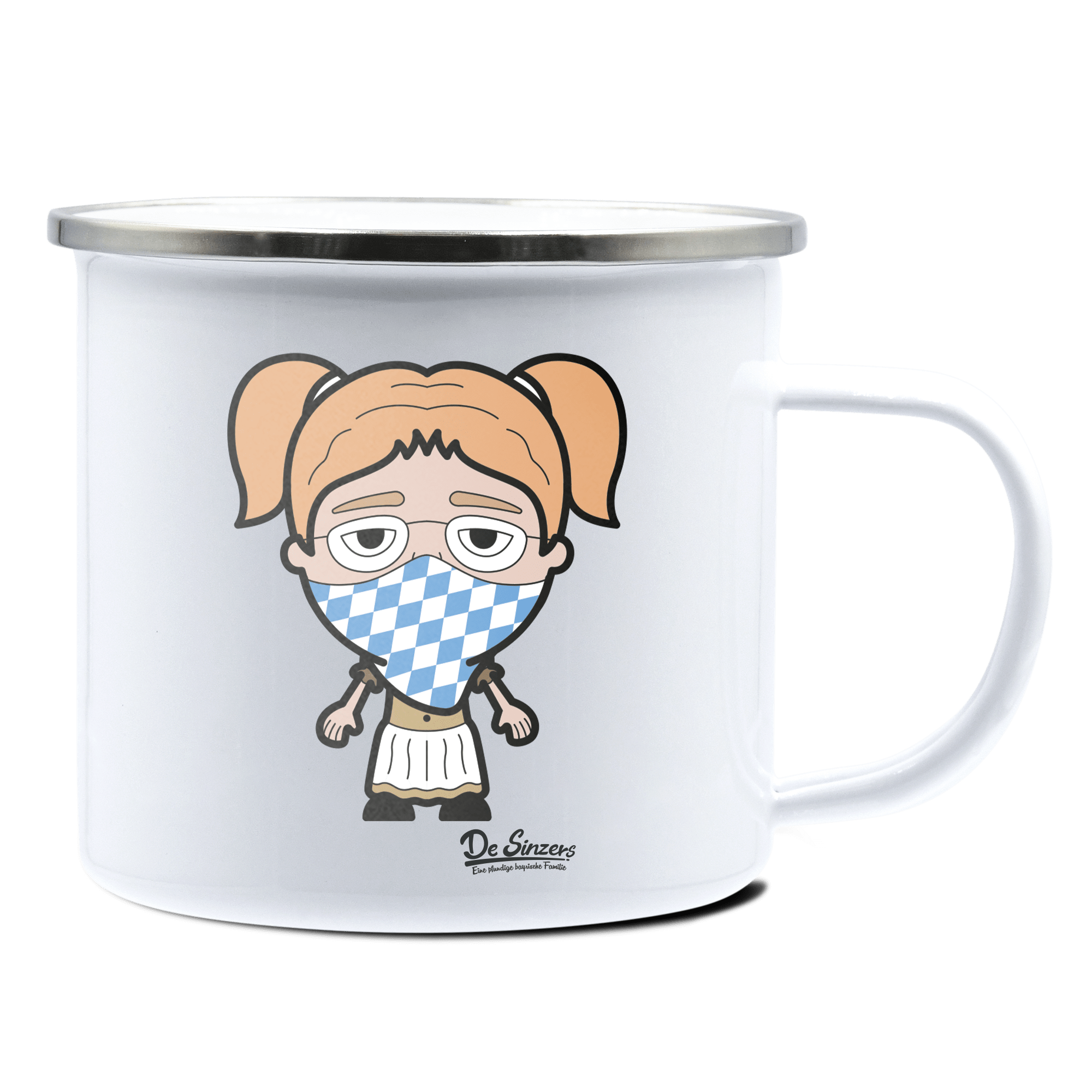 Die Jung Sinzerin Bayrisches Mundtuch Emaille Tasse 375ml Weiss Silber Kampenwand Front