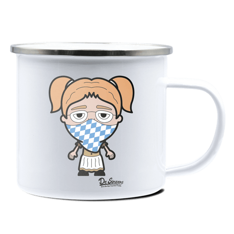 Die Jung Sinzerin Bayrisches Mundtuch Emaille Tasse 375ml Weiss Silber Kampenwand Front