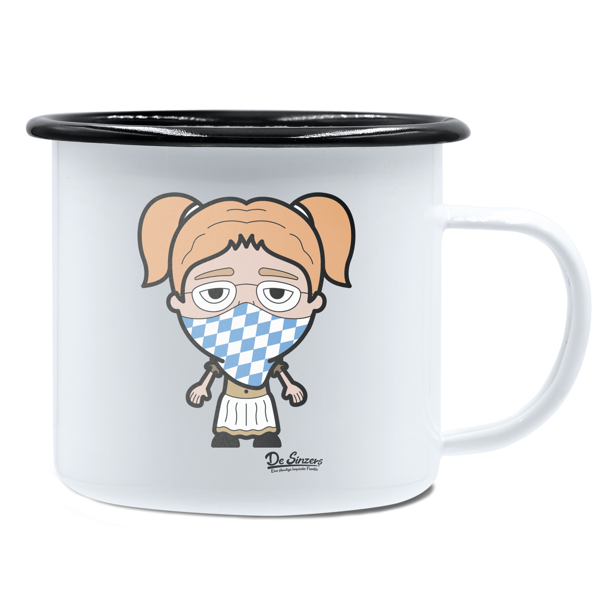 Die Jung Sinzerin Bayrisches Mundtuch Emaille Tasse 450ml Weiss Schwarz Spitzstein Front