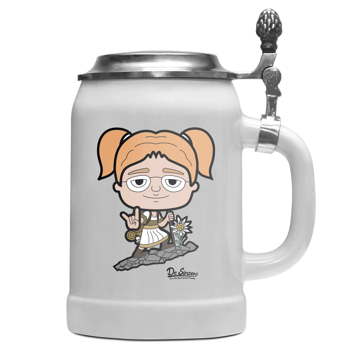 Die Jung Sinzerin Bergsteiger Bierkrug 500ml Weiss mit Deckel Wetterspitzen Front