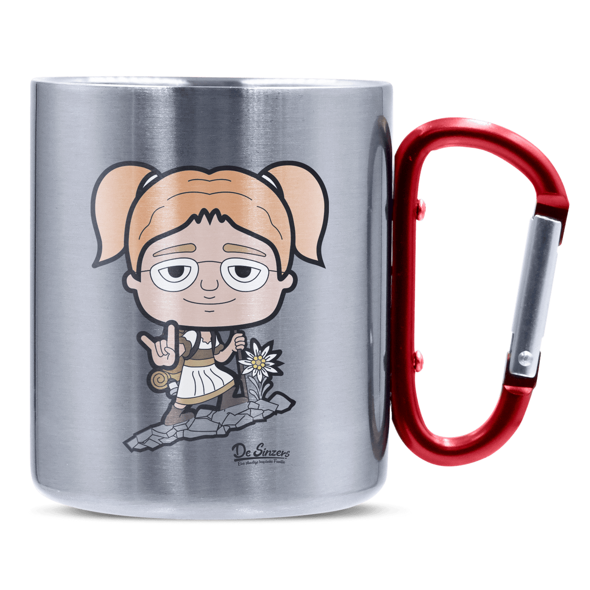 Die Jung Sinzerin Bergsteiger Edelstahl Kaffeetasse roter Karabiner 320ml Kitzstein Front