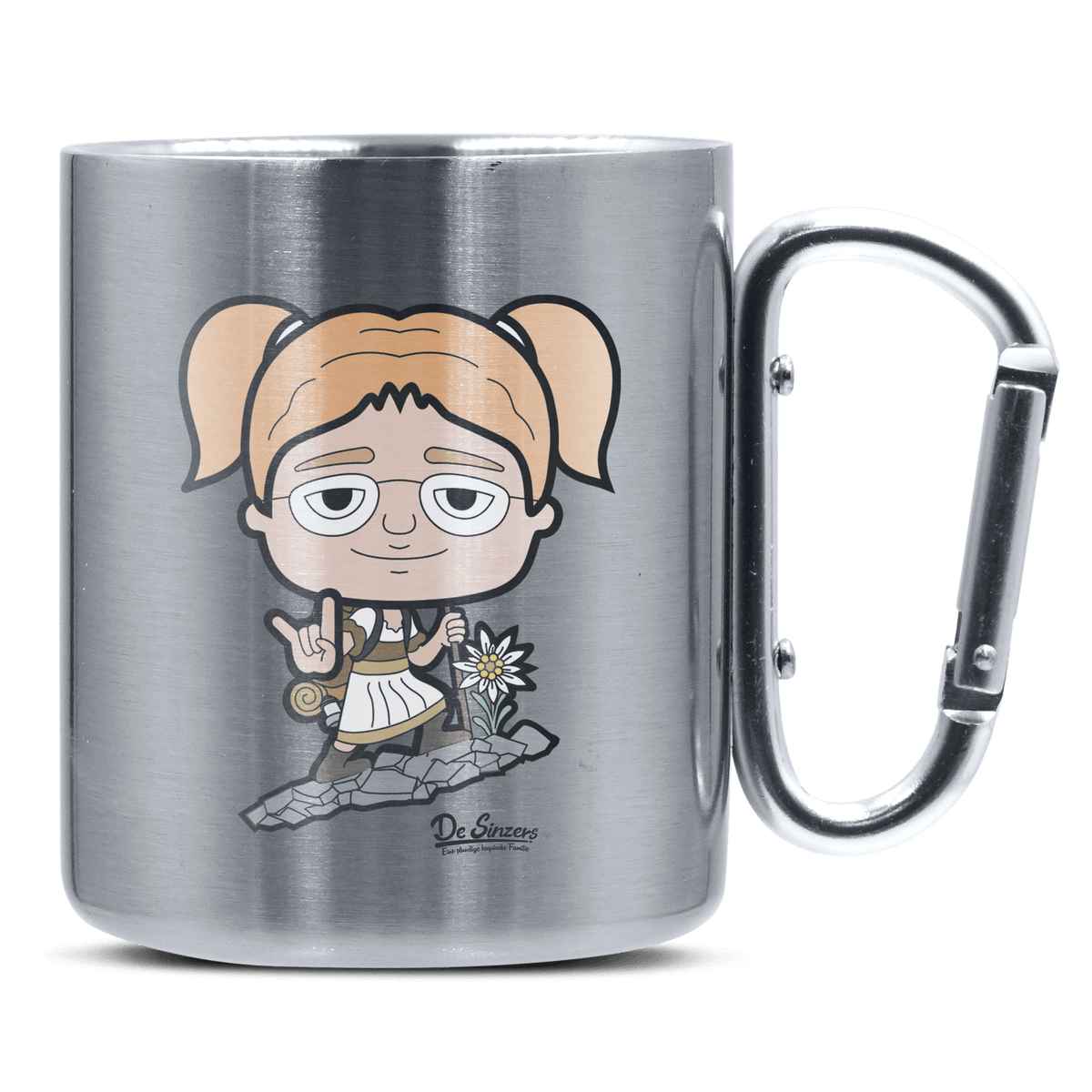Die Jung Sinzerin Bergsteiger Edelstahl Kaffeetasse silberer Karabiner 320ml Grosser Traithen Front