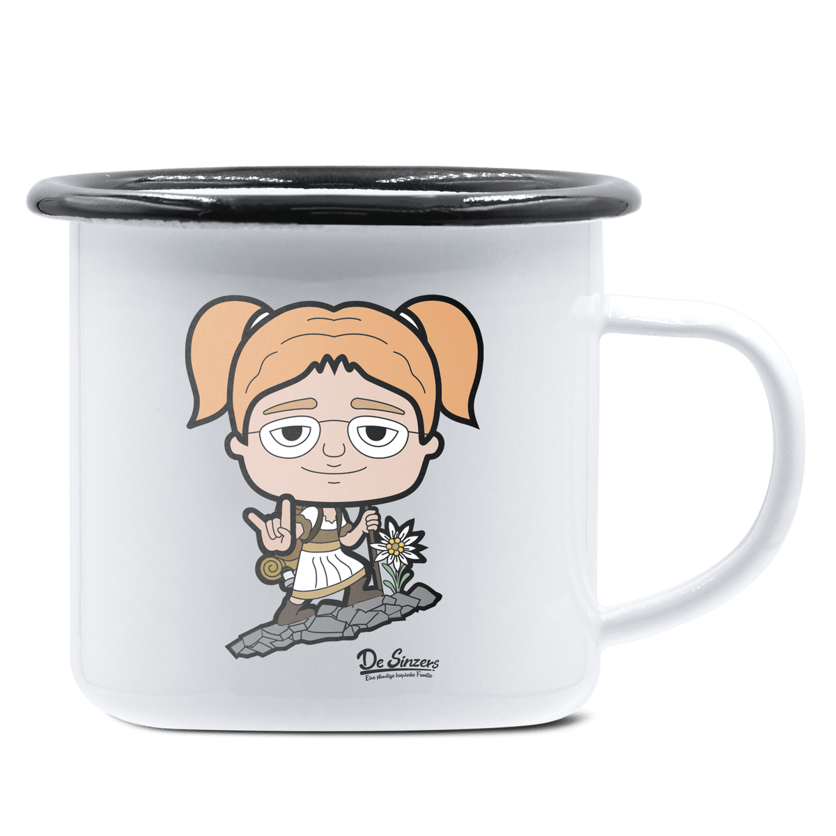 Die Jung Sinzerin Bergsteiger Emaille Tasse 375ml Weiss Schwarz Hochries Front 1