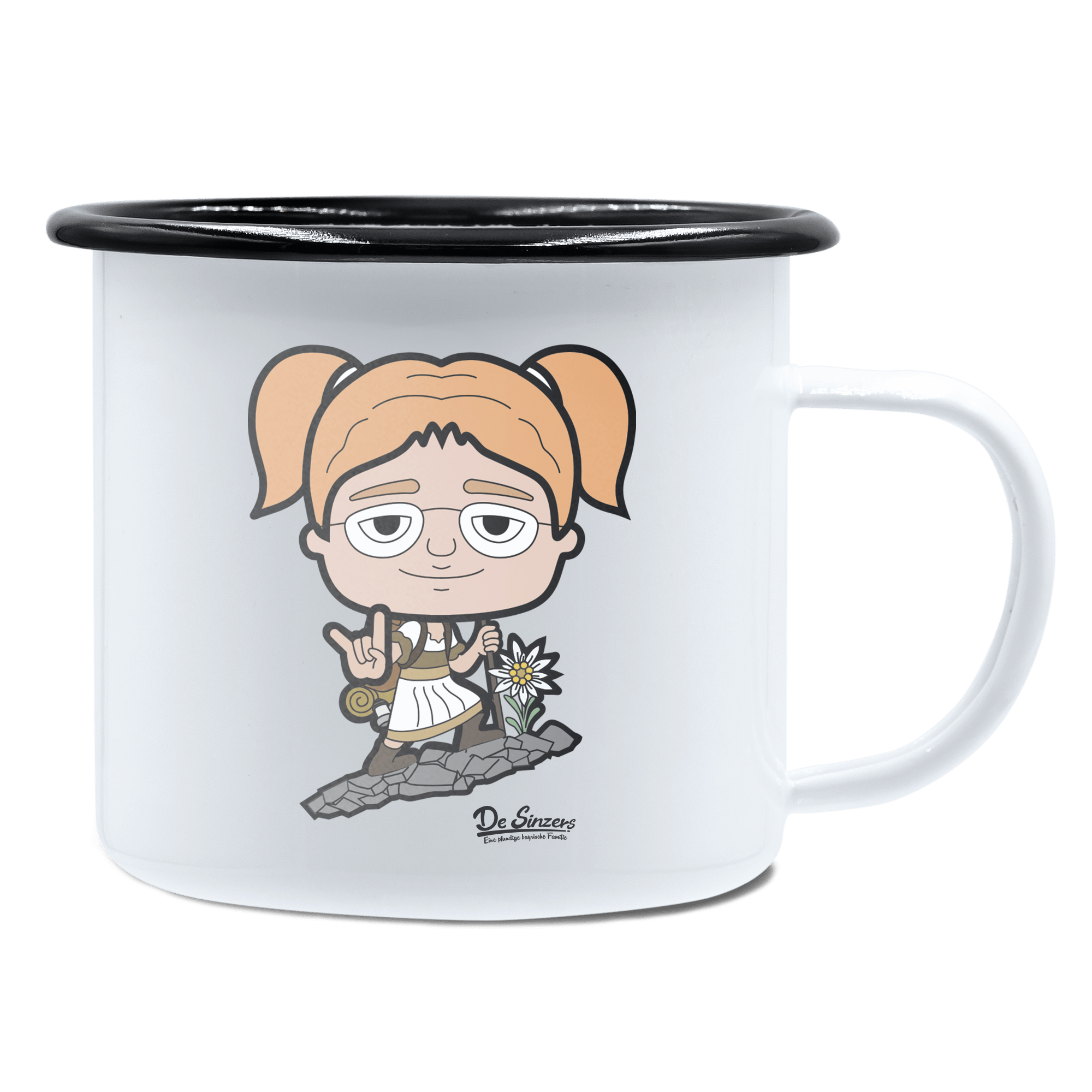 Die Jung Sinzerin Bergsteiger Emaille Tasse 450ml Weiss Schwarz Spitzstein Front