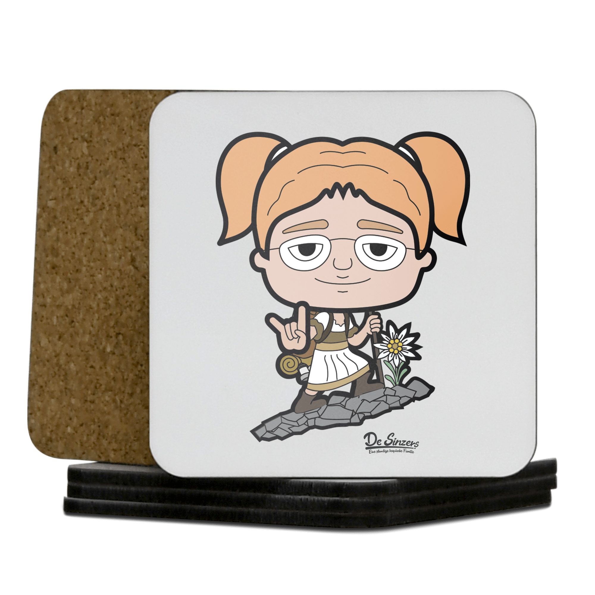 Die Jung Sinzerin Bergsteiger Korkuntersetzer 5er Set 95 x 95 mm Weiss Karkopf Front