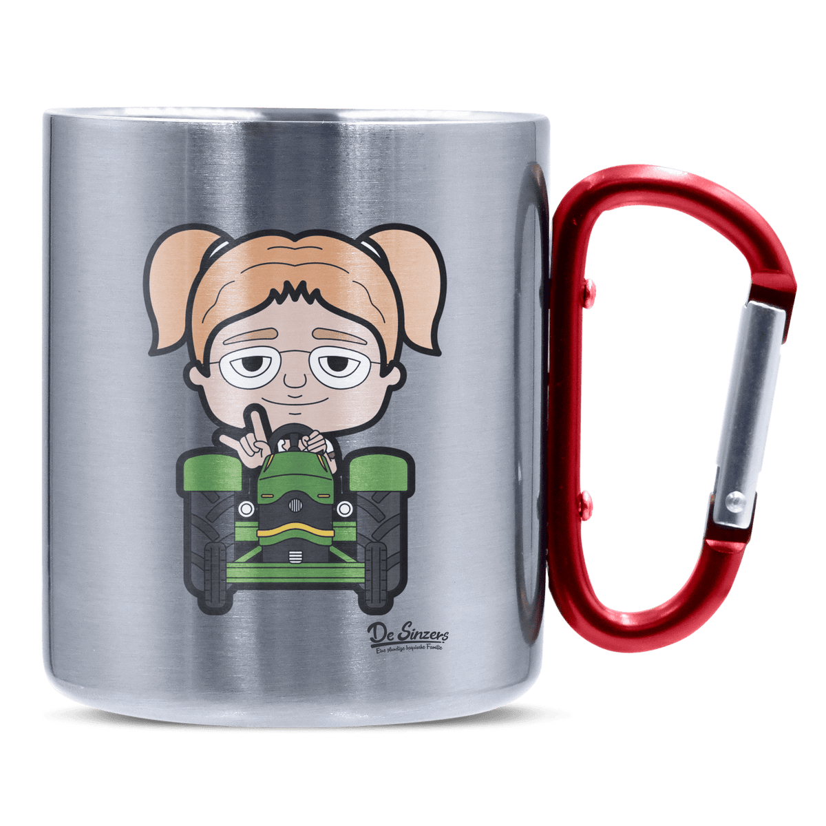 Die Jung Sinzerin Bulldog Edelstahl Kaffeetasse roter Karabiner 320ml Kitzstein Front