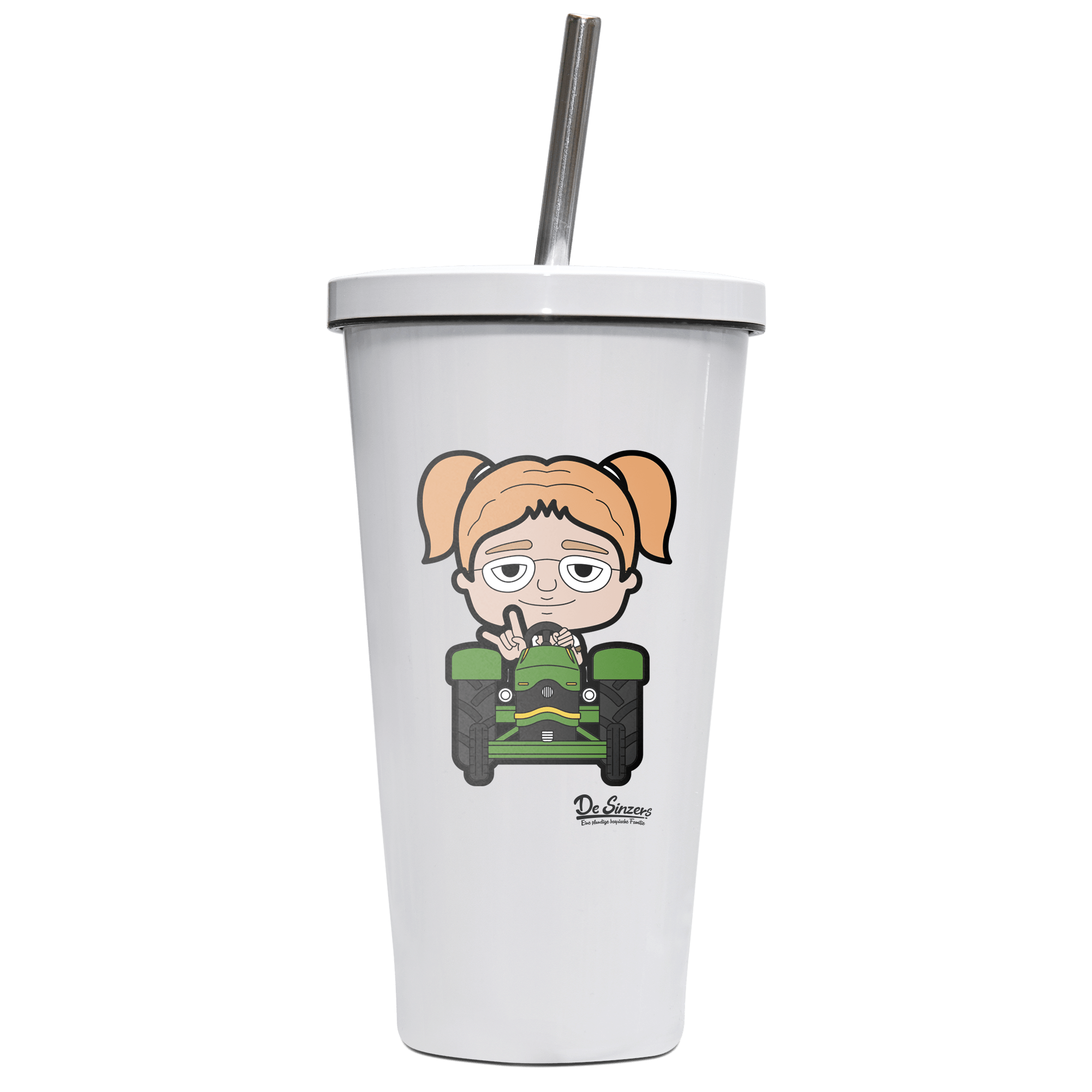 Die Jung Sinzerin Bulldog Edelstahl Trinkbecher mit Strohhalm 480ml Weiss Krottenkopf Front