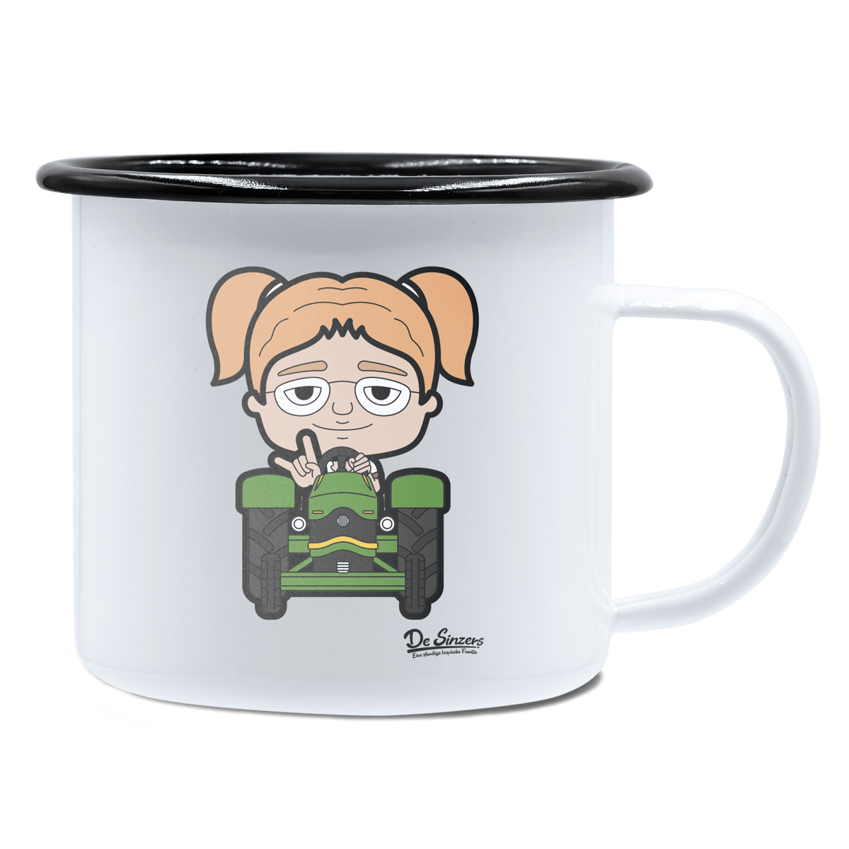 Die Jung Sinzerin Bulldog Emaille Tasse 450ml Weiss Schwarz Spitzstein Front