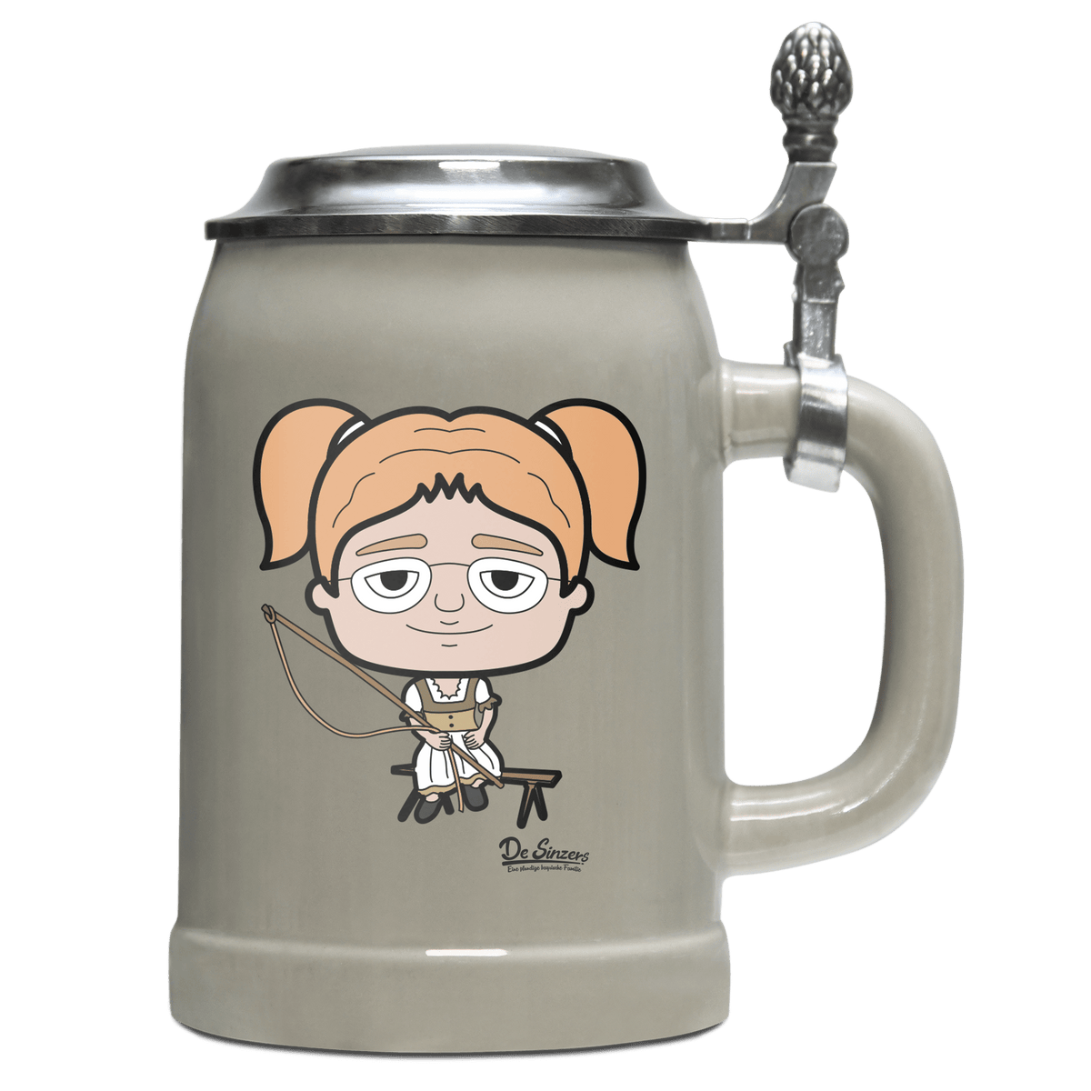 Die Jung Sinzerin Goaßlschnoizer Bierkrug 500ml Grau mit Deckel Hocheck Front