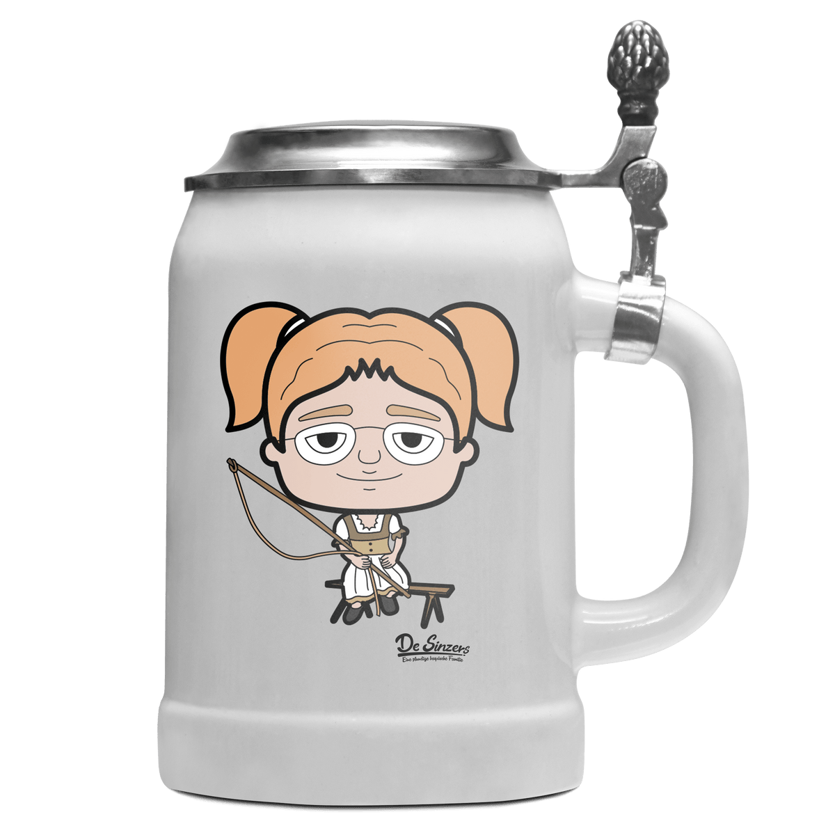 Die Jung Sinzerin Goaßlschnoizer Bierkrug 500ml Weiss mit Deckel Wetterspitzen Front