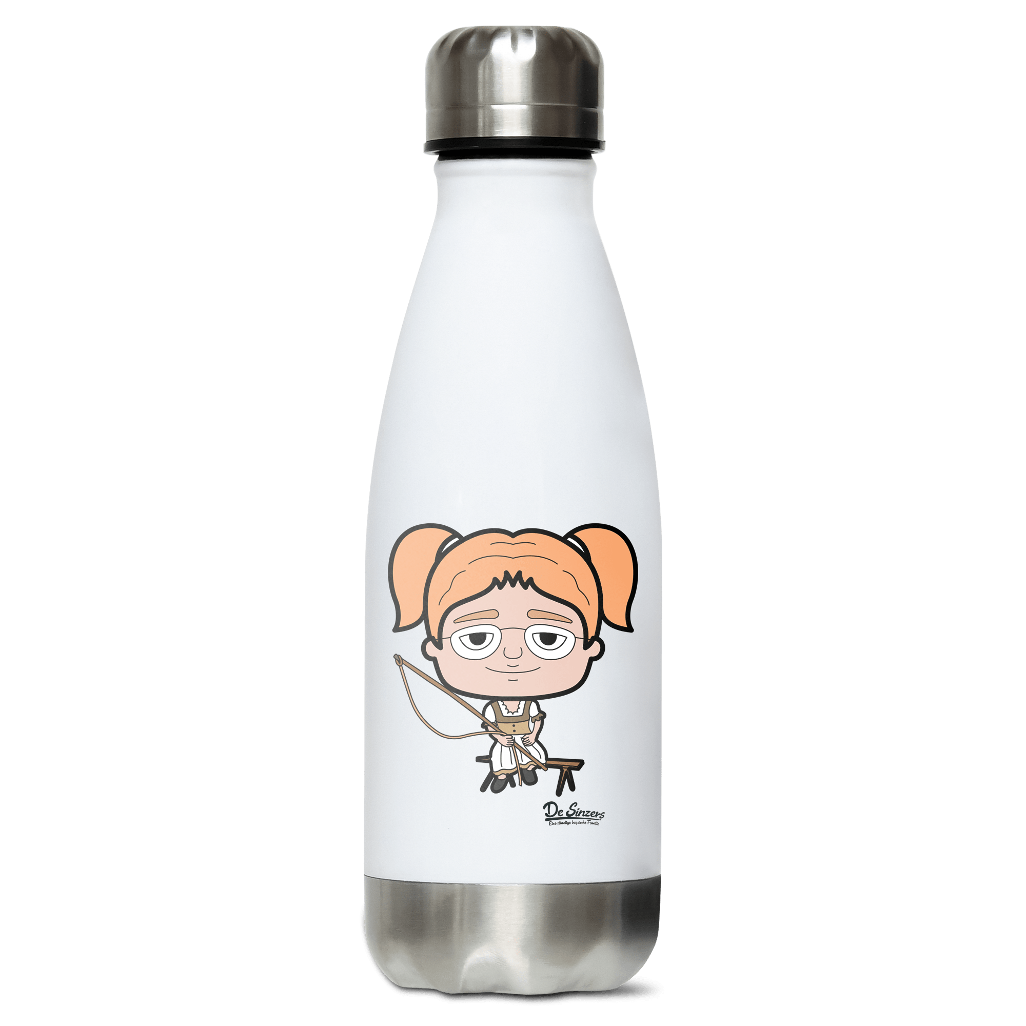 Die Jung Sinzerin Goasslschnoizer Edelstahl Thermoflasche 350ml Weiss Silber Kreuzspitze Front